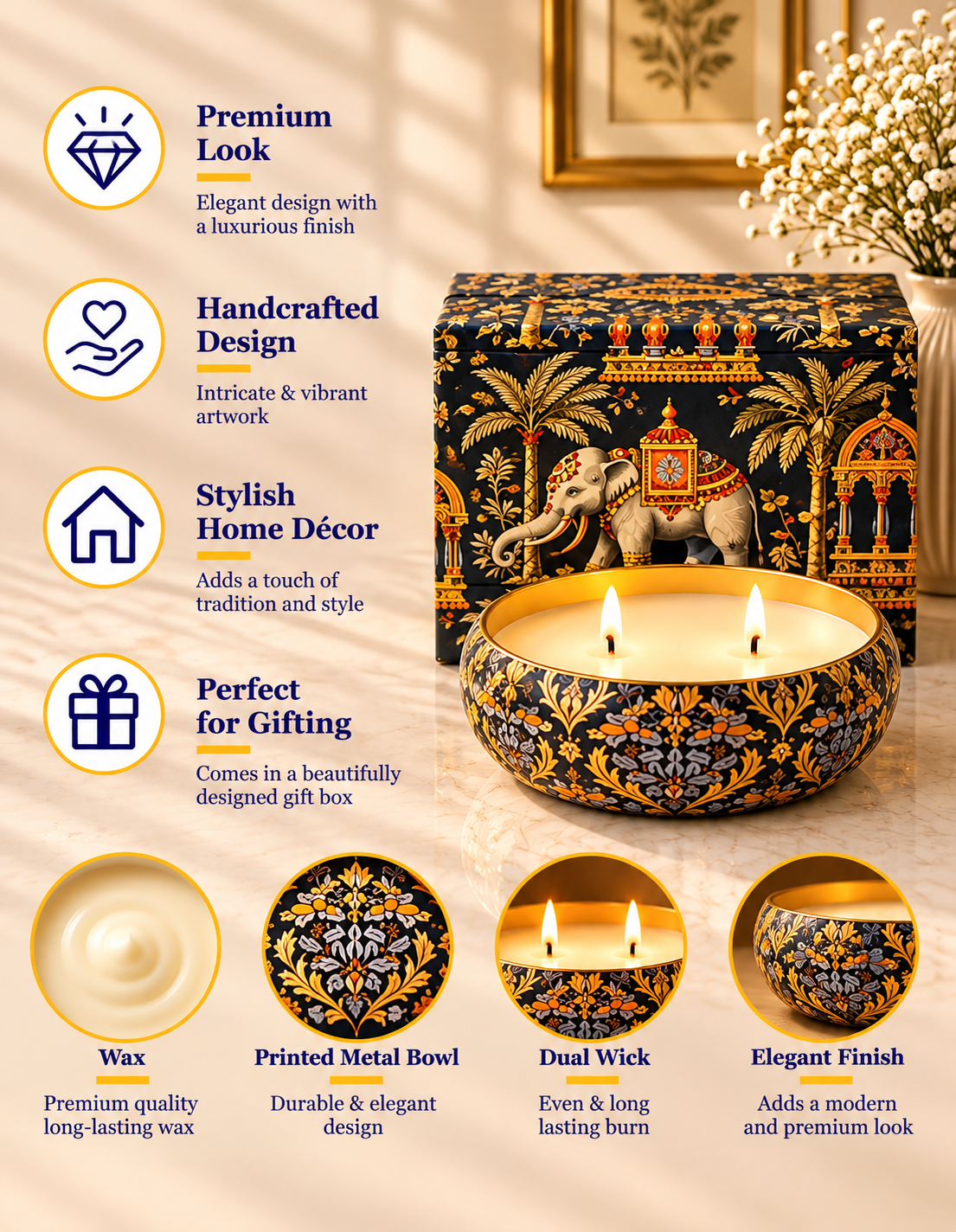 Heritage Golden Lattice 2-Wick Bowl Premium Gift Candle