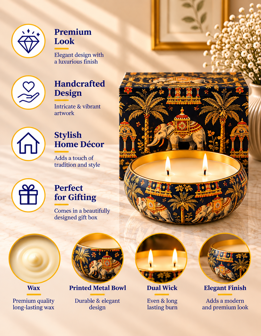 Regal Elephant Darbar 2-Wick Bowl Premium Gift Candle