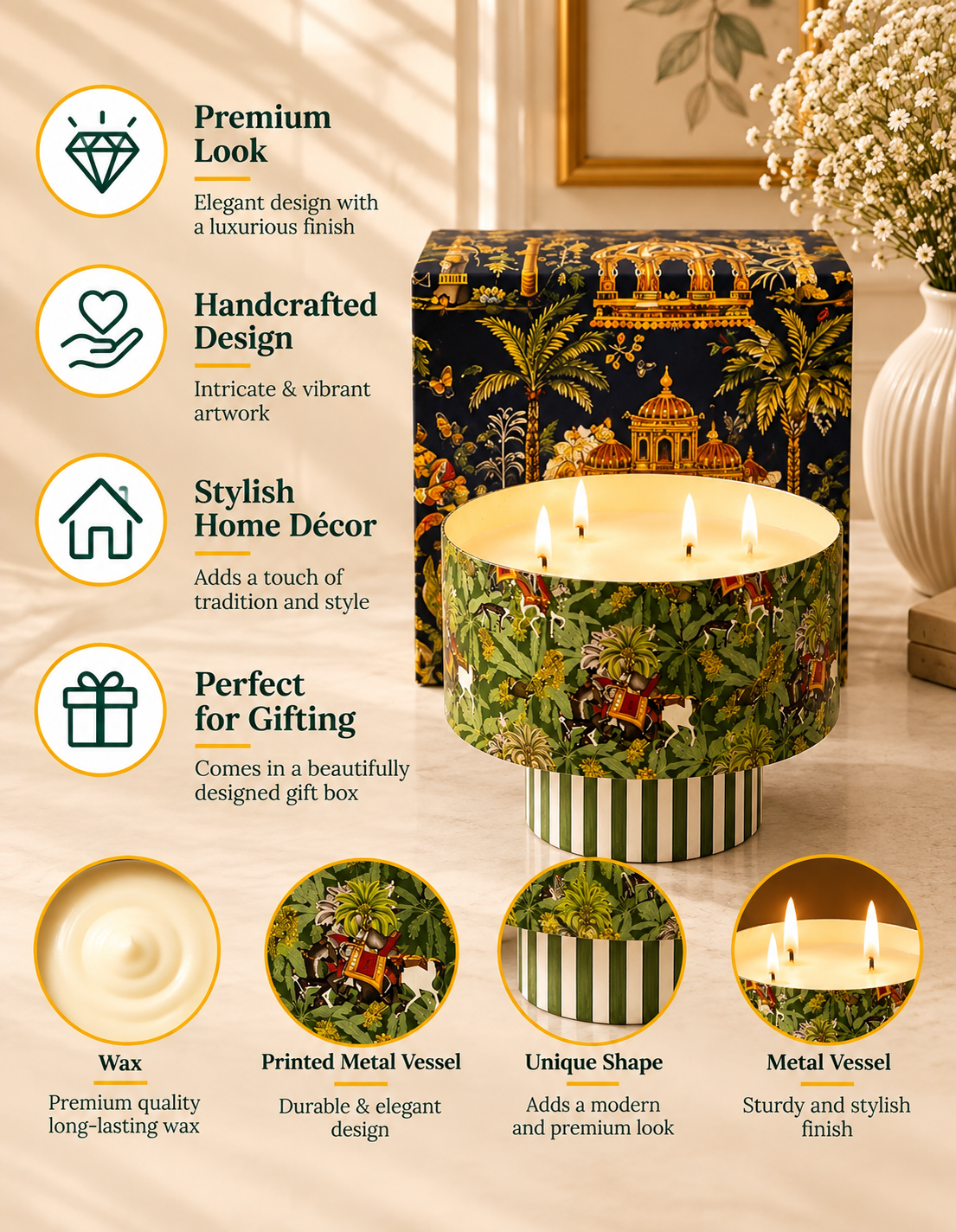 Royal Jungle Safari Multi Wick Pedestal Premium Gift Candle