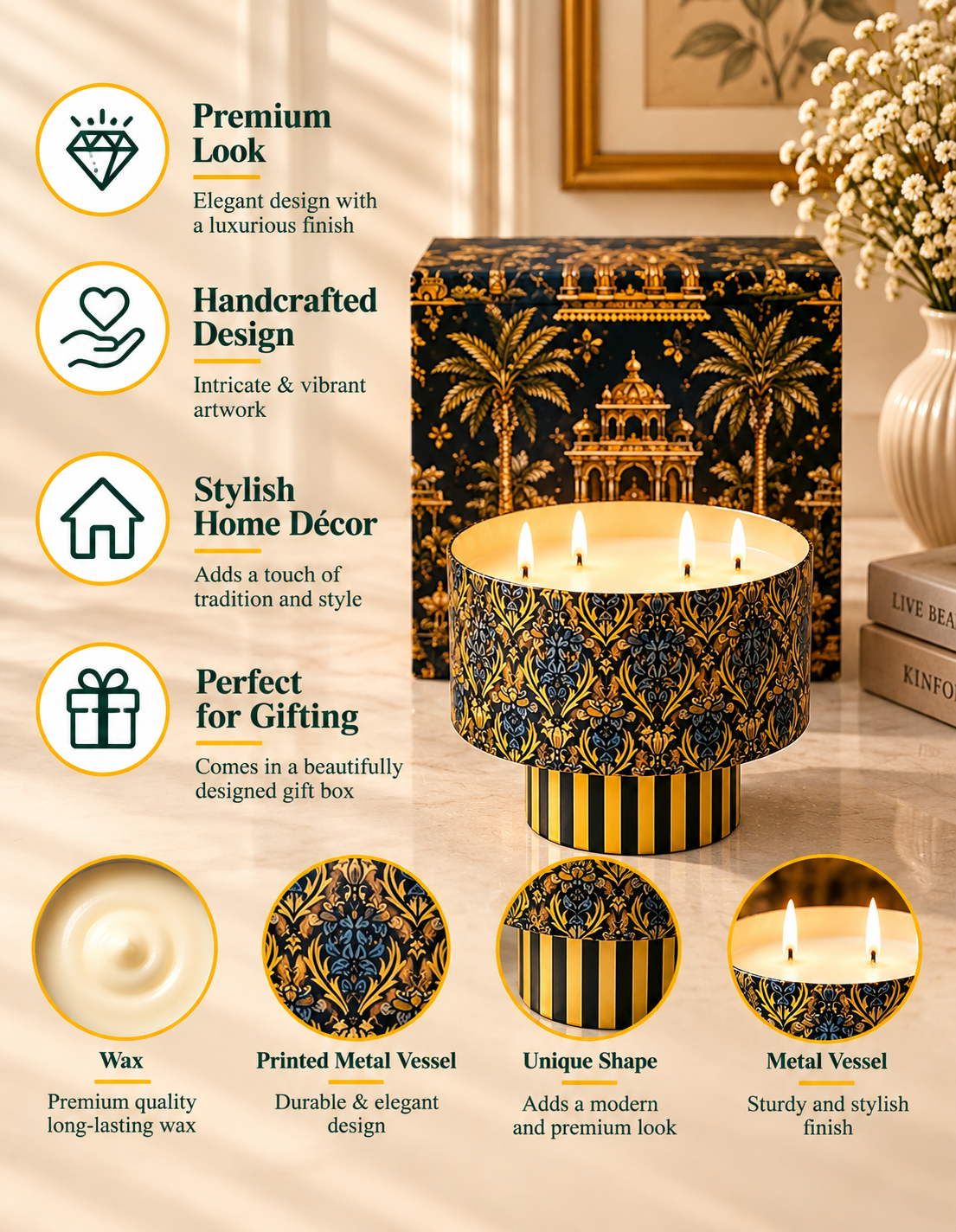 Heritage Golden Lattice Multi Wick Pedestal Premium Gift Candle