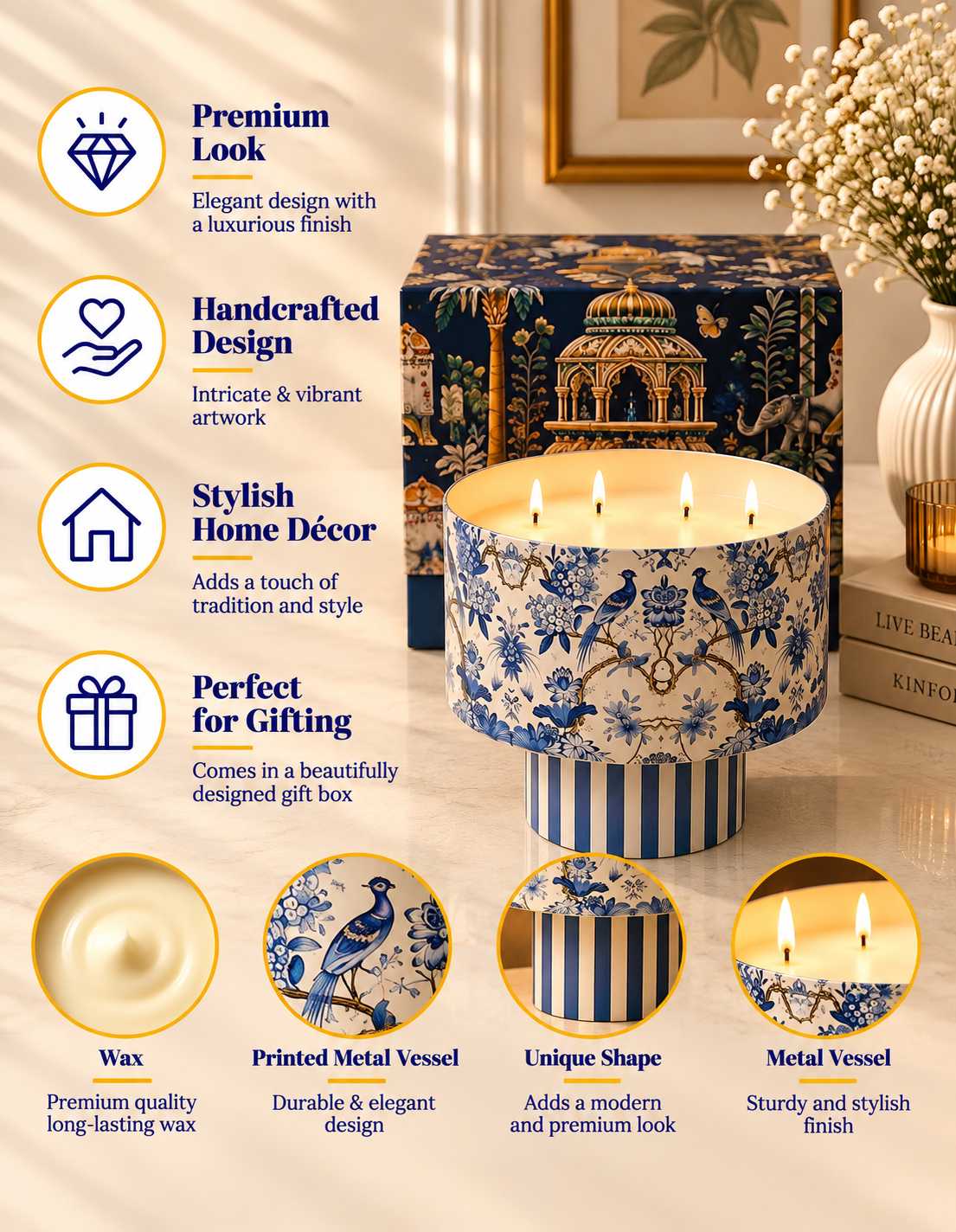 Royal Blue Aviary Multi Wick Pedestal Premium Gift Candle
