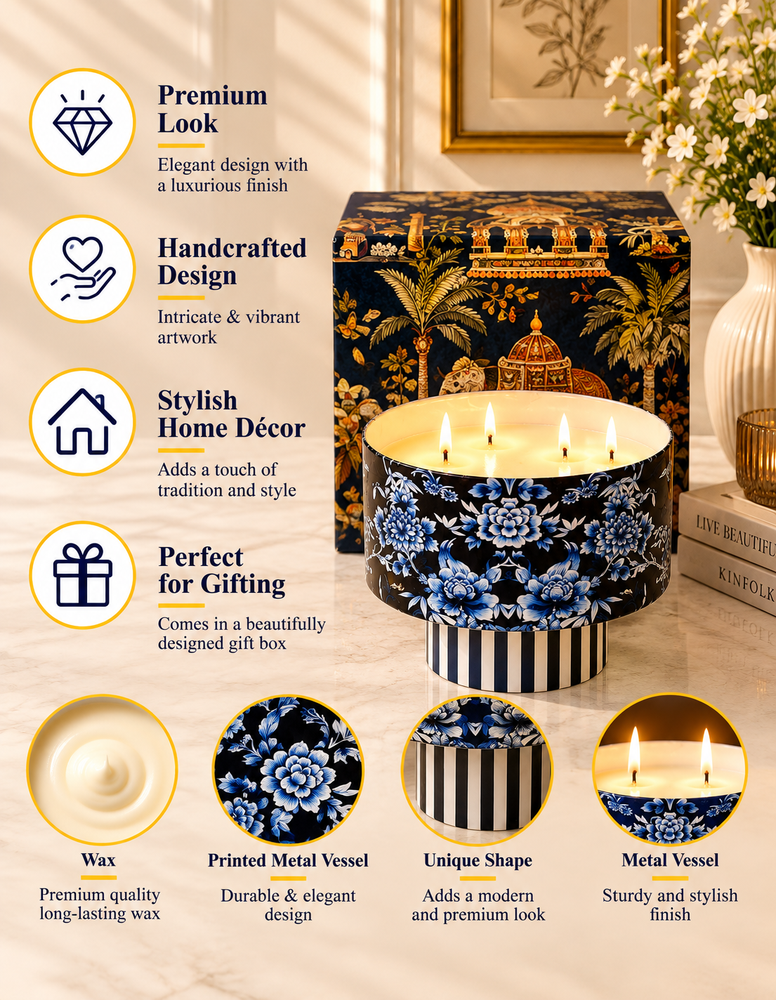 Imperial Midnight Blossom 3-Wick Pedestal Premium Gift Candle