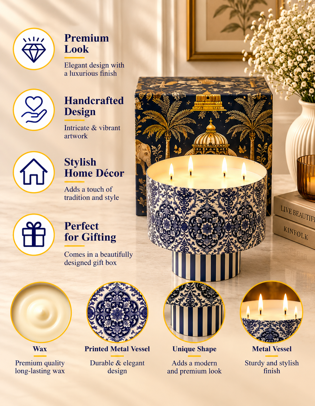 Heritage Indigo Medallion 4-Wick Pedestal Premium Gift Candle