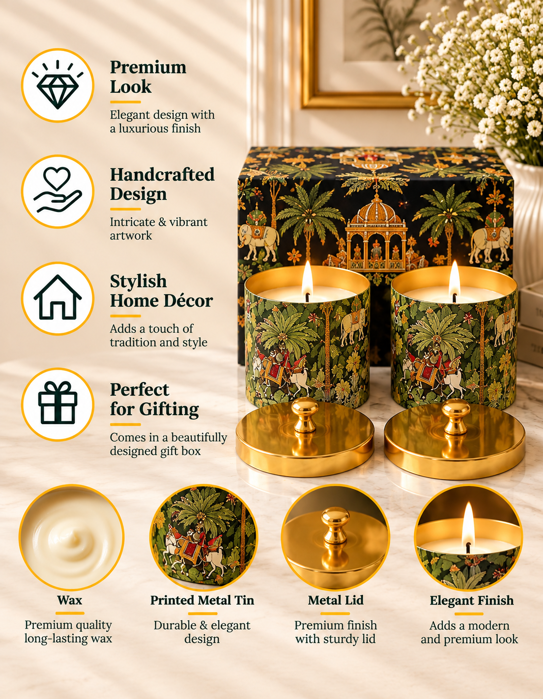 Royal Jungle Safari Gold Knob Lid Premium Gift Candle – Set of 2