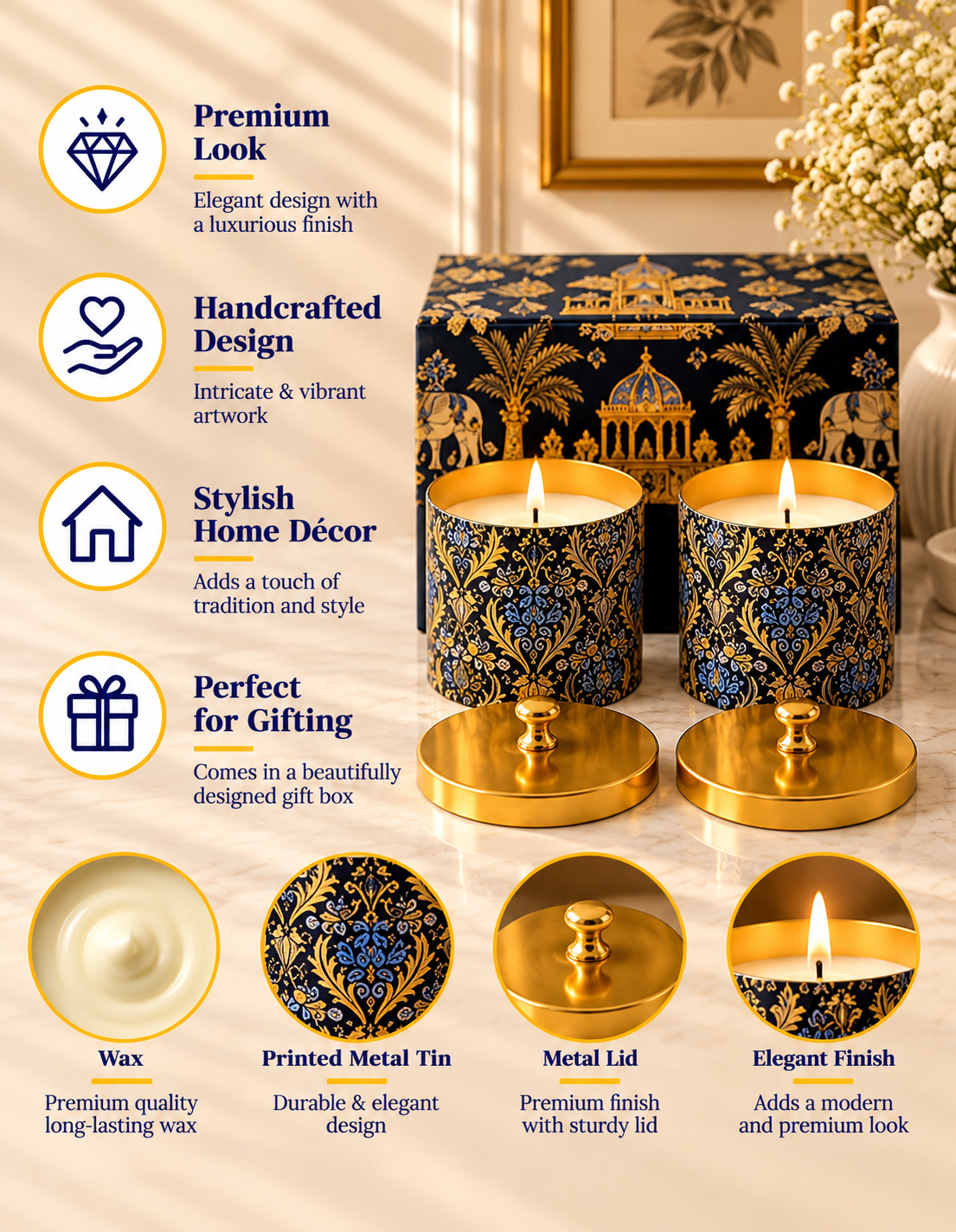 Heritage Golden Lattice Gold Knob Lid Premium Gift Candle – Set of 2