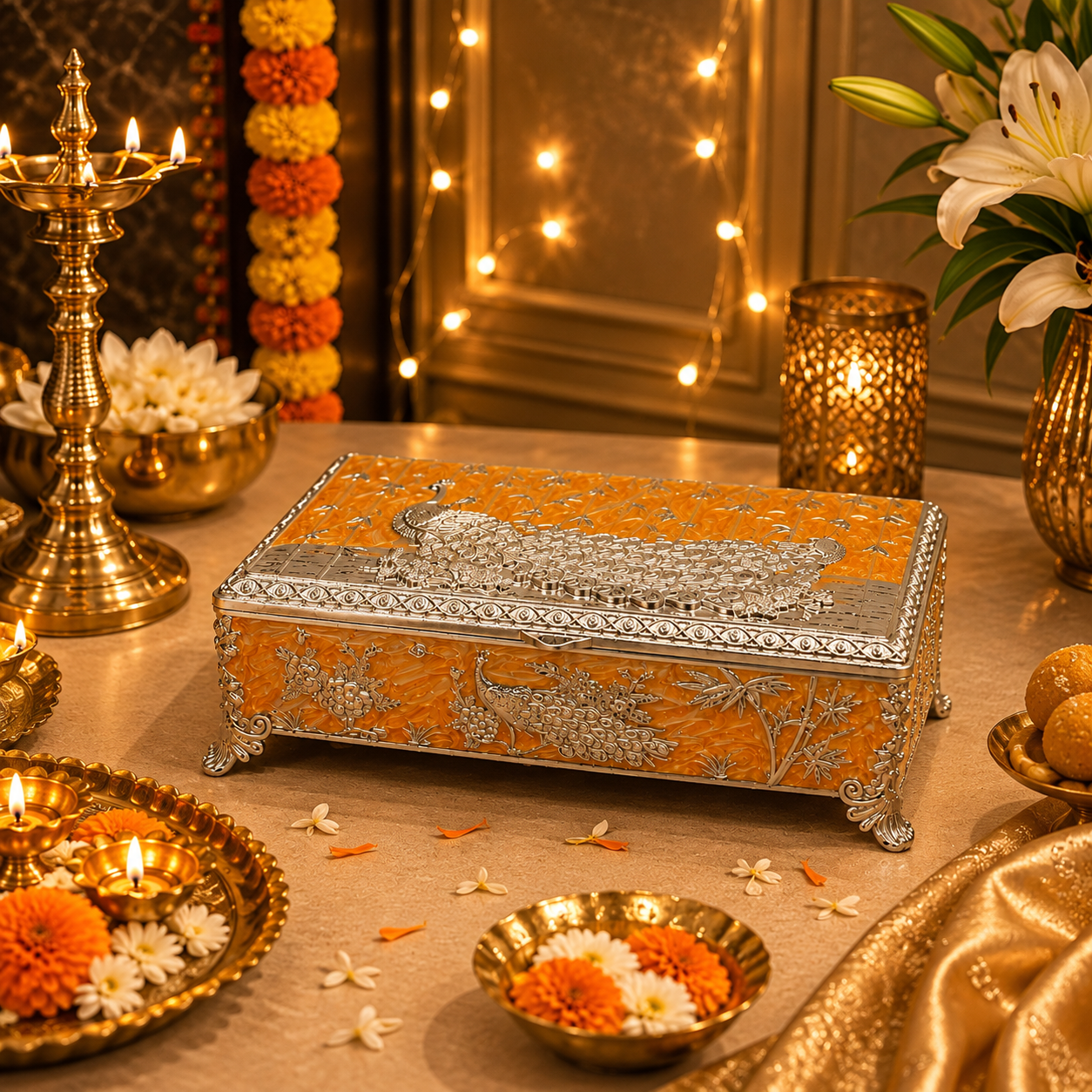 German Silver Shahi Mayur Rectangular Box – Enamel Work (Available in Turquoise Blue, Mint Green, Pearl White & Saffron Orange)