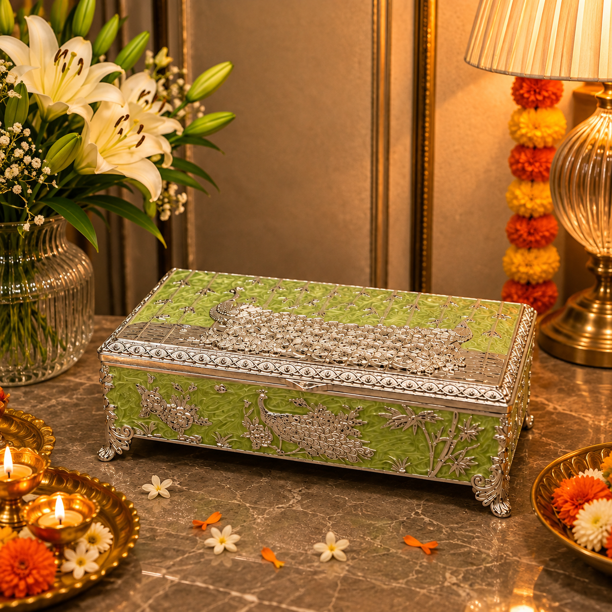 German Silver Shahi Mayur Rectangular Box – Enamel Work (Available in Turquoise Blue, Mint Green, Pearl White & Saffron Orange)