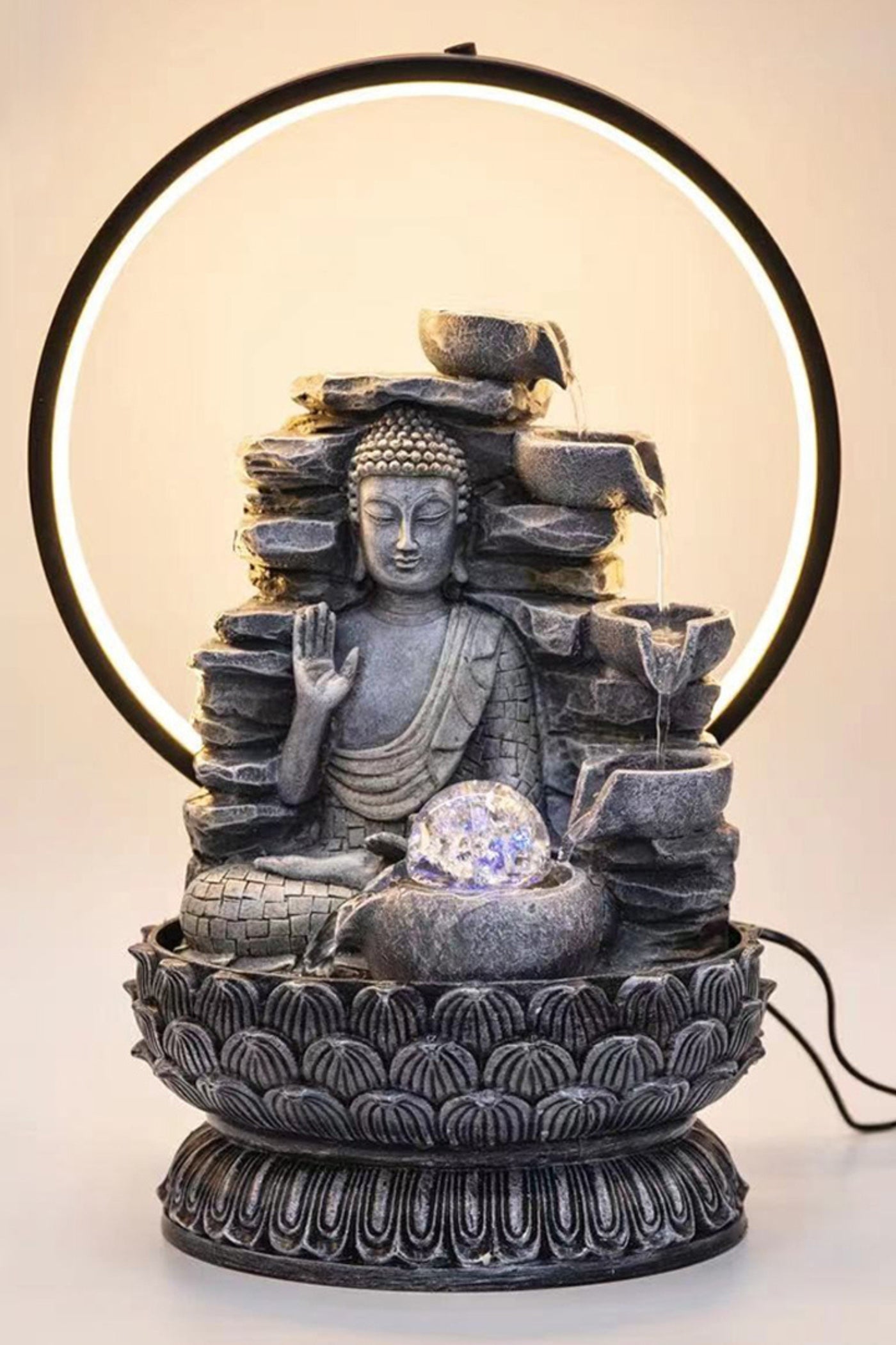 Buddha with a Radiant Halo Tabletop Water Fountain LED Lights