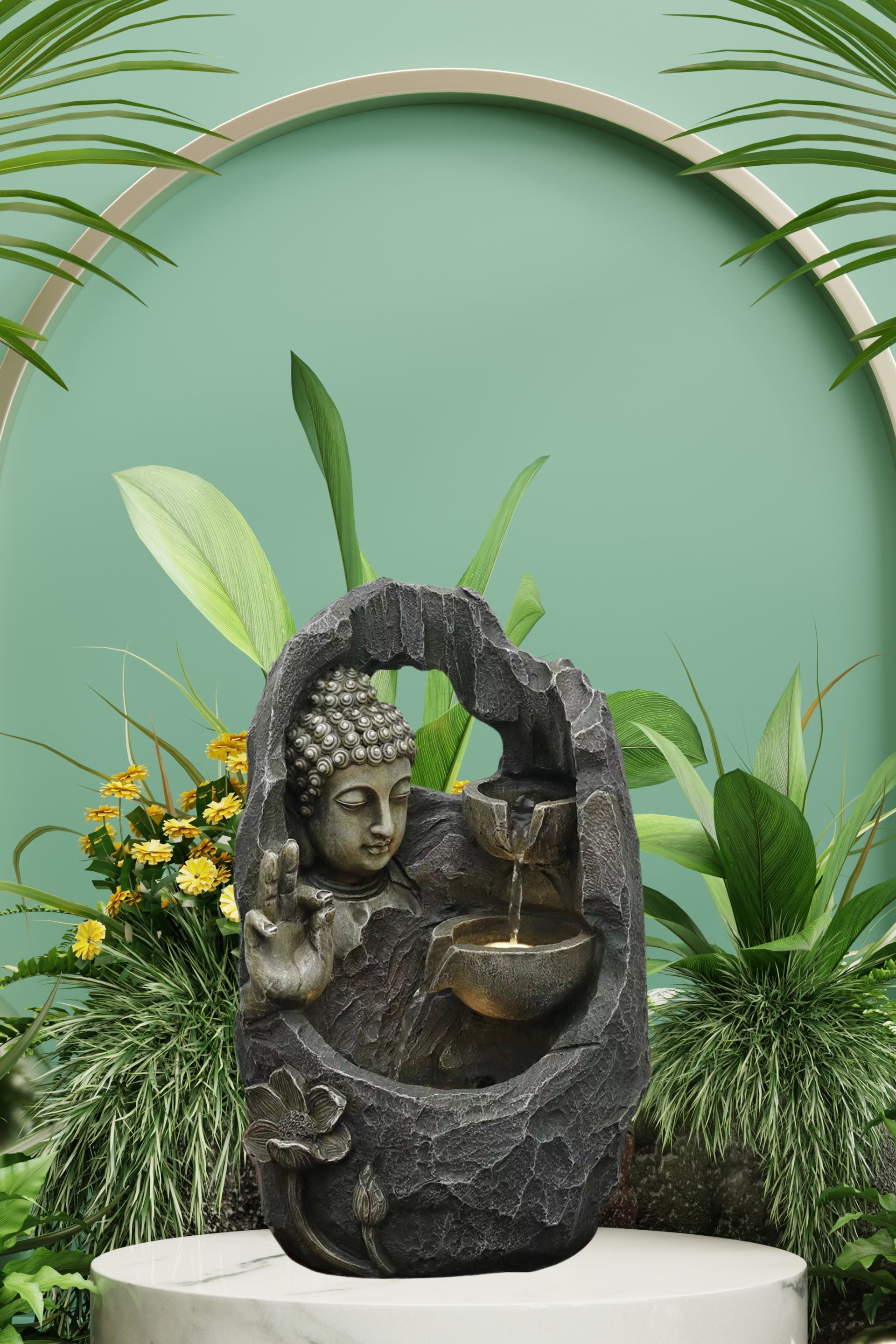 Tabletop Buddha Water Fountain LED Lights