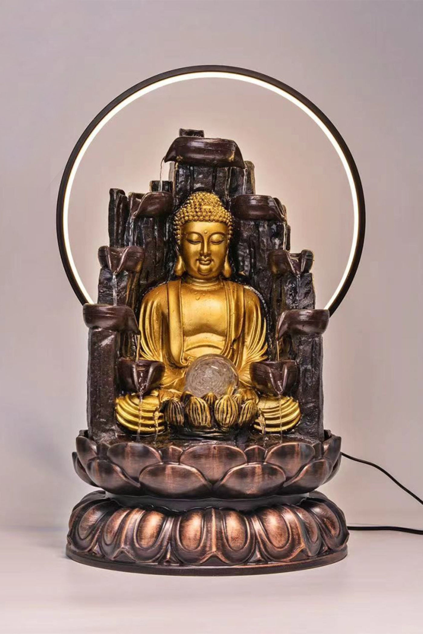 Buddha with a Radiant Halo 9-Diya Water Fountain LED Lights