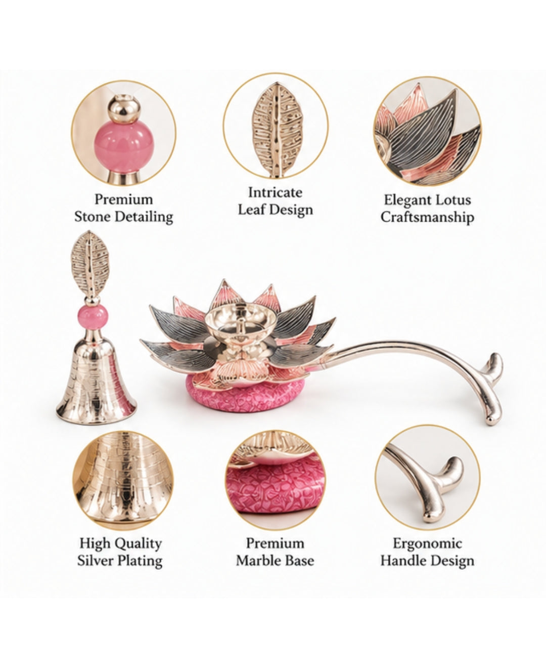 Lotus Hand Aarti Diya & Pooja Bell Gift Set – Lilac Pink Accents