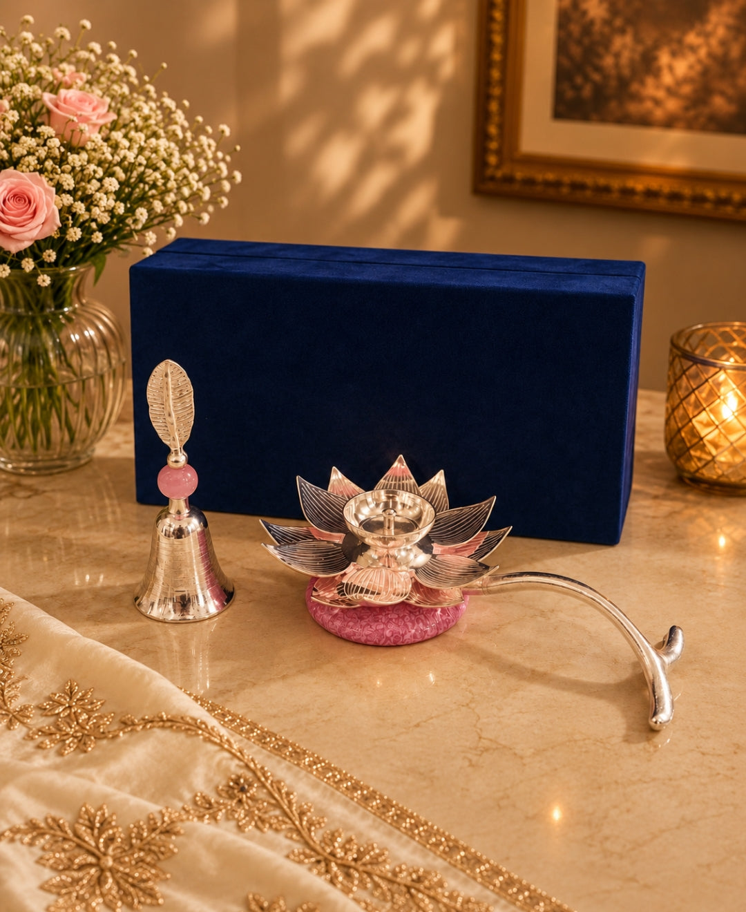 Lotus Hand Aarti Diya & Pooja Bell Gift Set – Lilac Pink Accents