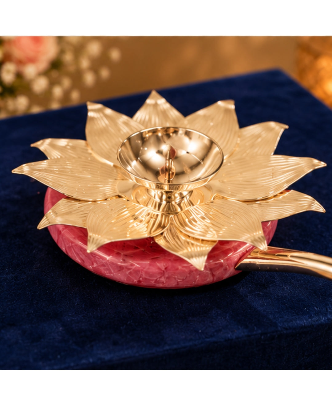 Lotus Hand Aarti Diya – Lilac Pink Base