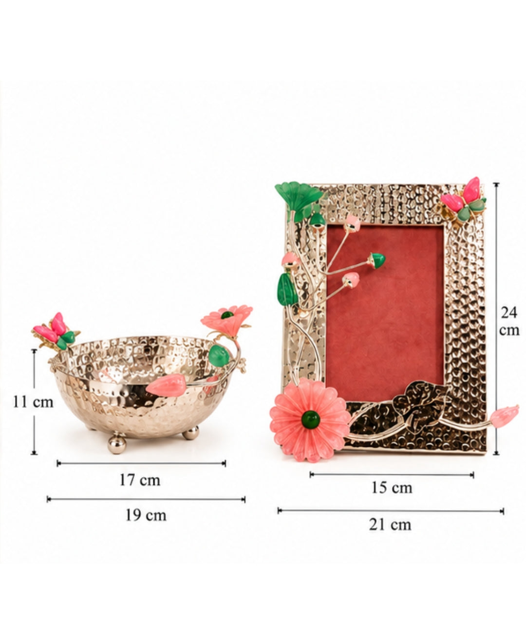 Silver Hammered Bowl & Photo Frame Gift Set – Pink Floral Accents