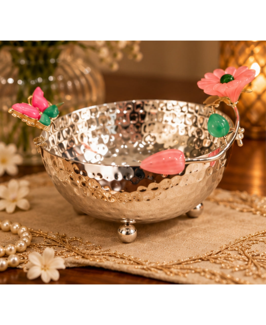 Silver Hammered Bowl & Photo Frame Gift Set – Pink Floral Accents