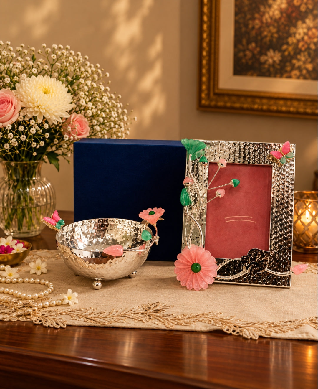 Silver Hammered Bowl & Photo Frame Gift Set – Pink Floral Accents