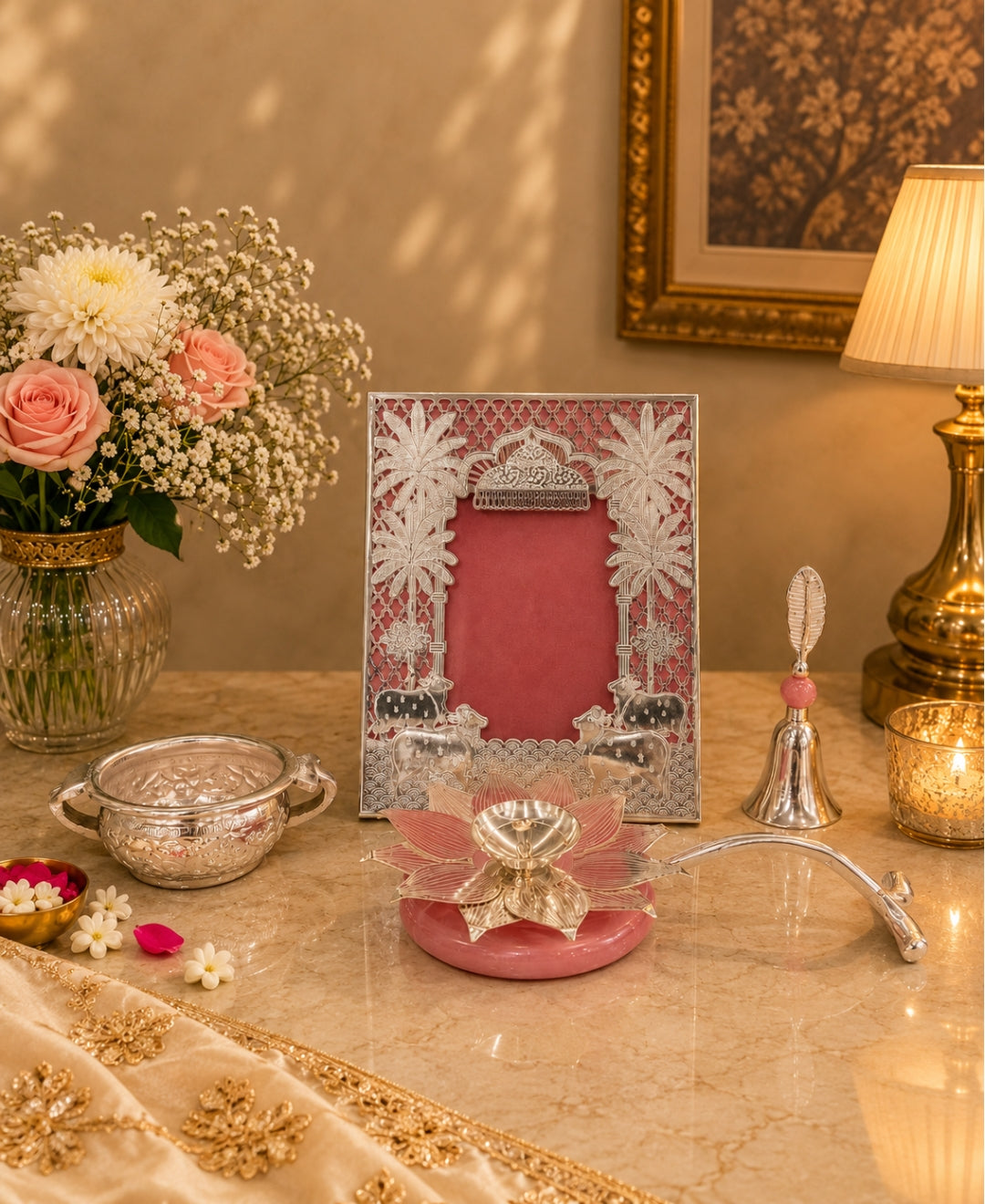 Silver Pooja & Décor Gift Hamper – Set of 4 with Lilac Pink Accents