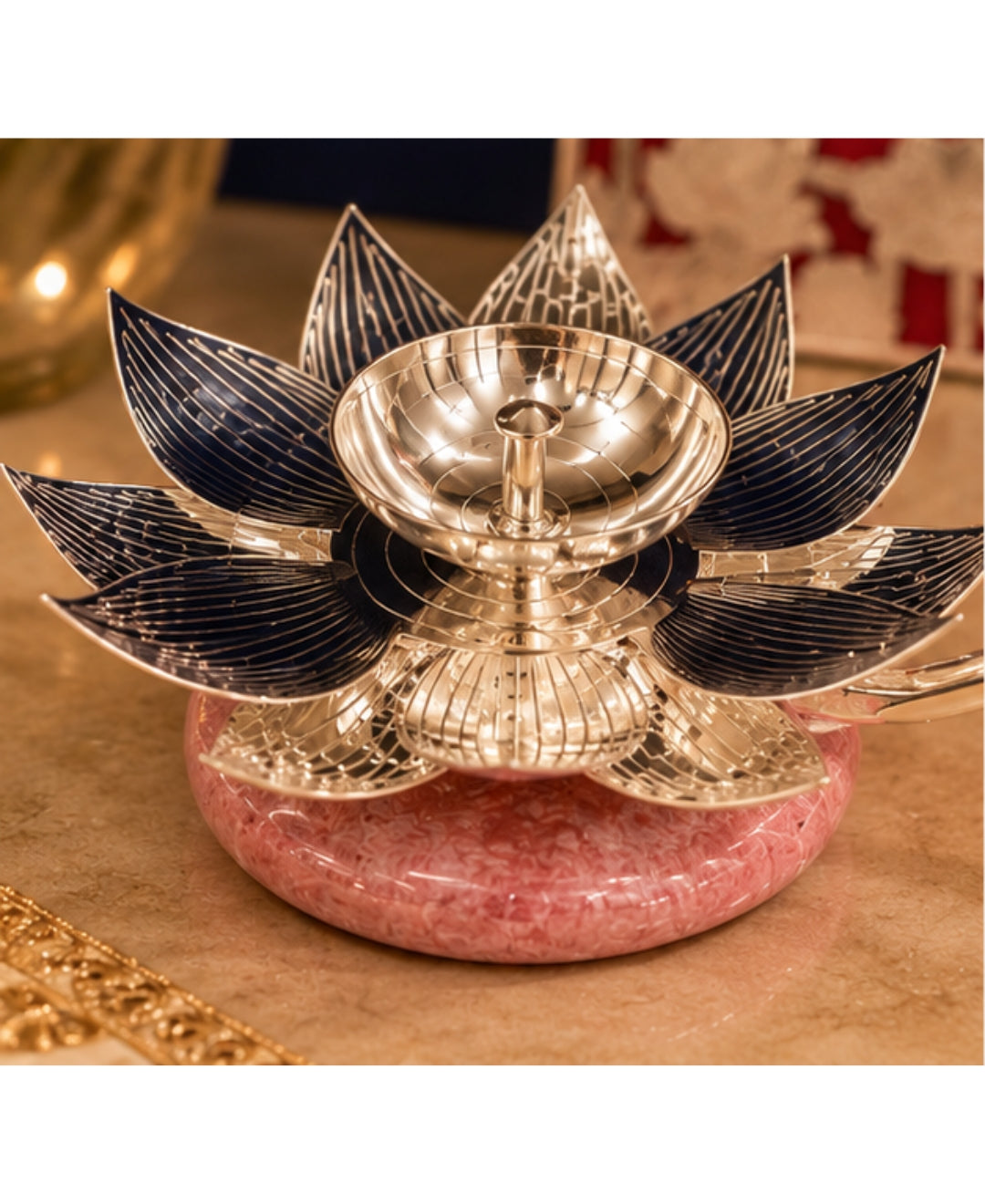Silver Lotus Hand Aarti Lamp & Photo Frame Gift Set – Lilac Pink Base