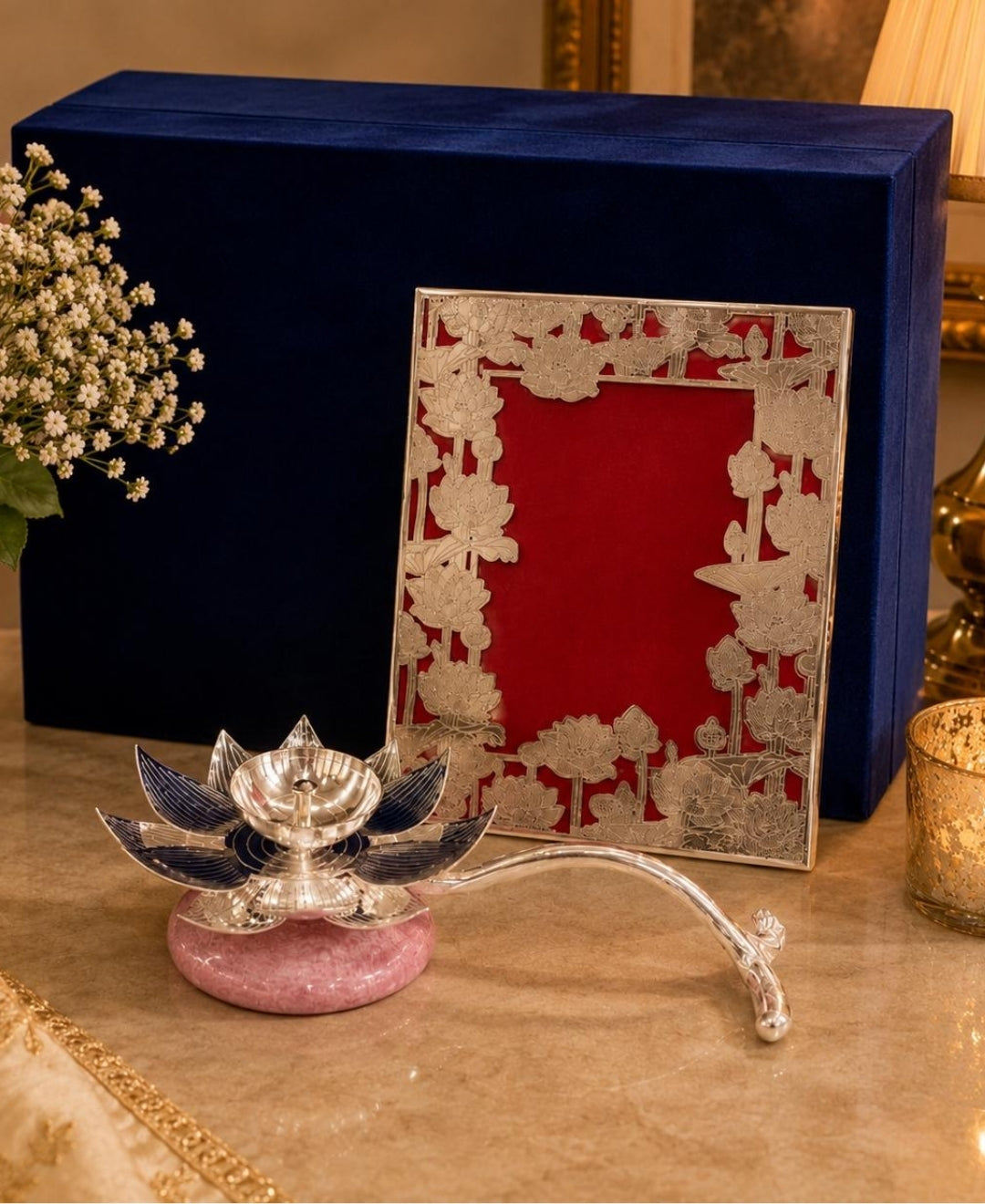 Silver Lotus Hand Aarti Lamp & Photo Frame Gift Set – Lilac Pink Base