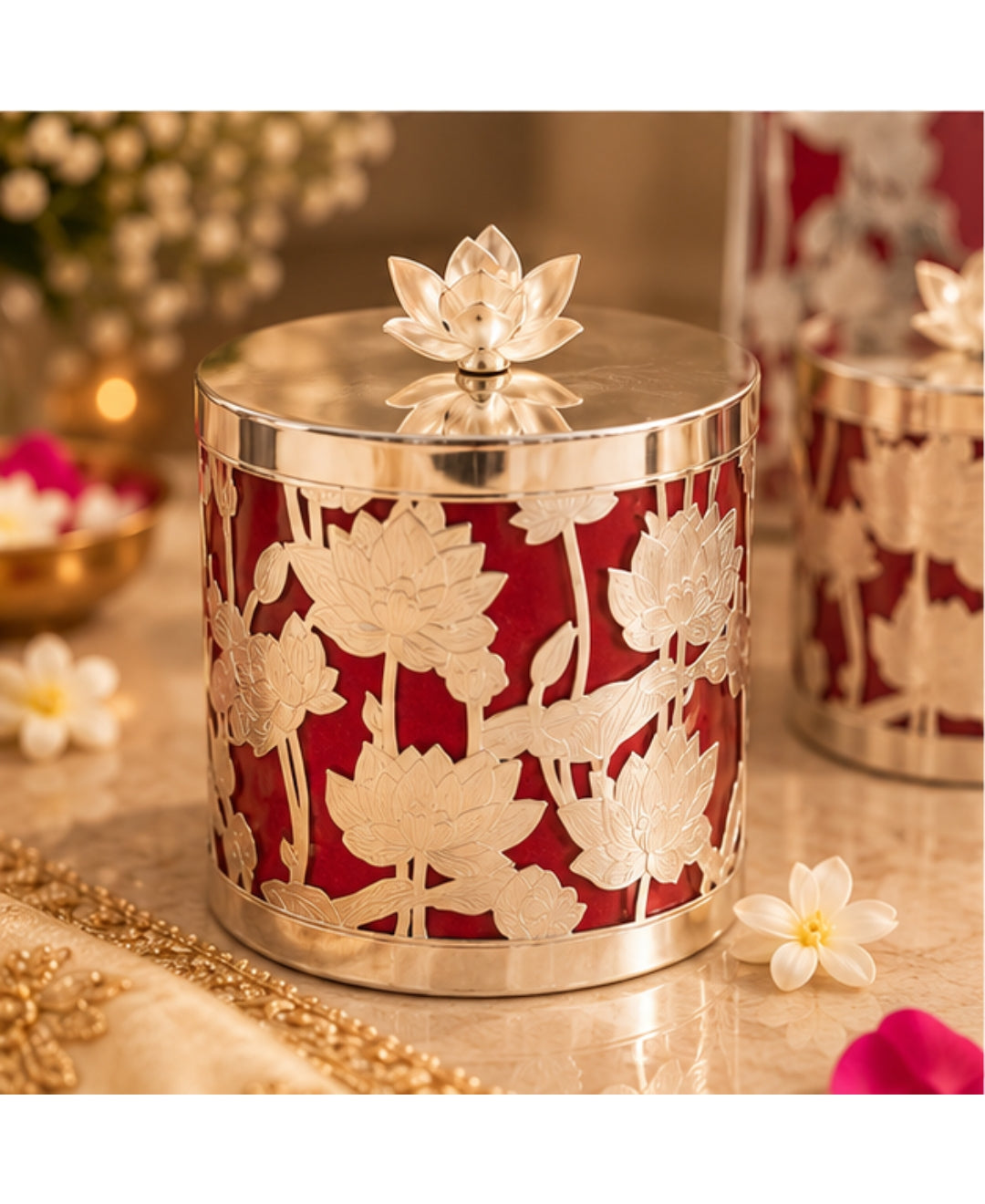 Silver Floral Cut-Work Jar & Photo Frame Gift Set of 3 – Red