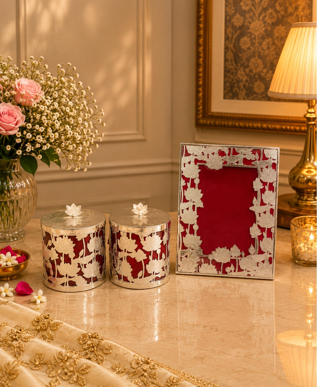 Silver Floral Cut-Work Jar & Photo Frame Gift Set of 3 – Red
