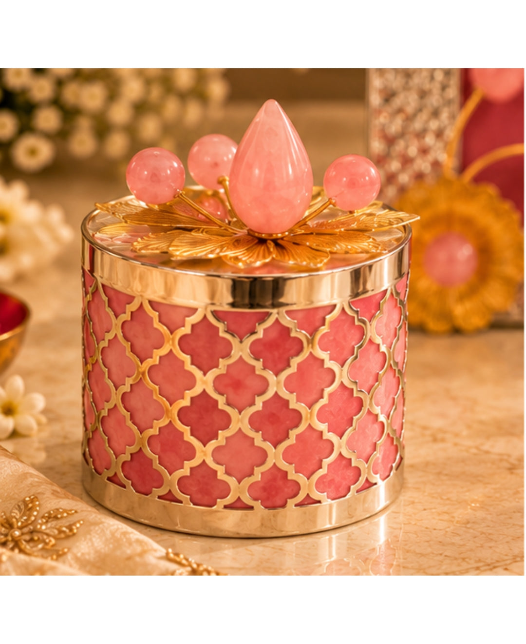 Silver Jaali Jar & Photo Frame Gift Set of 3 – Rose Pink