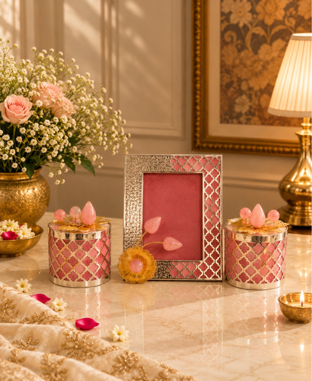 Silver Jaali Jar & Photo Frame Gift Set of 3 – Rose Pink