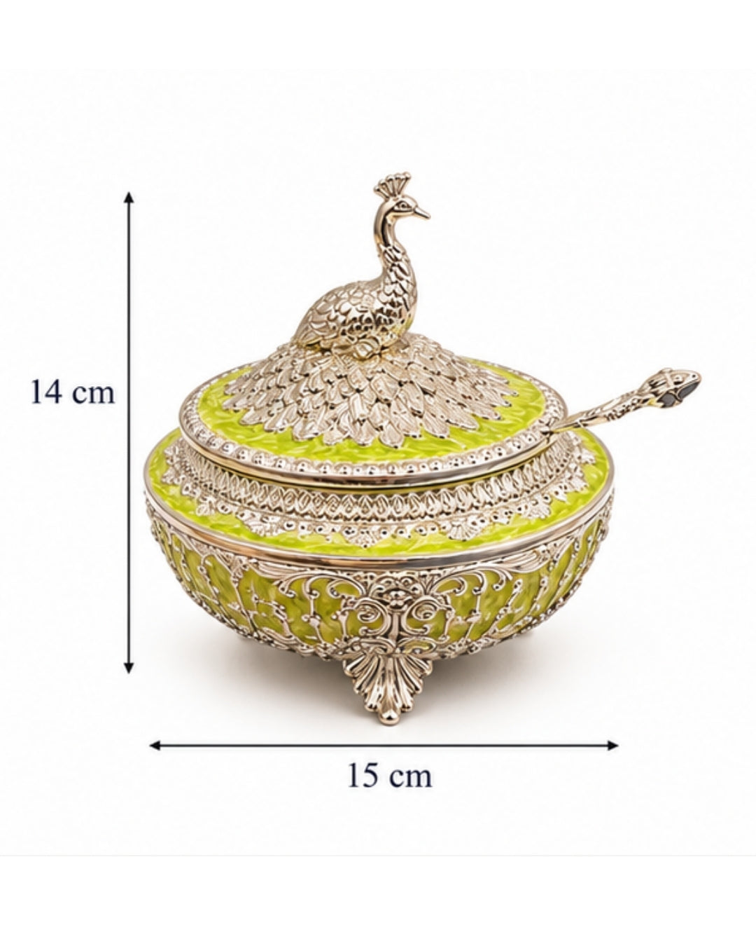 German Silver Bagh-e-Mayur Bowl with Lid & Spoon – Mint Green Enamel