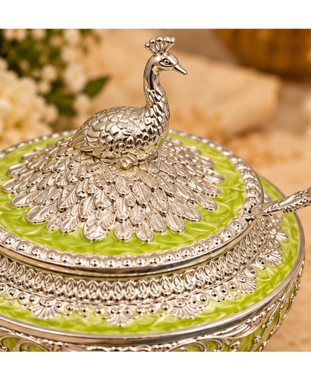 German Silver Bagh-e-Mayur Bowl with Lid & Spoon – Mint Green Enamel