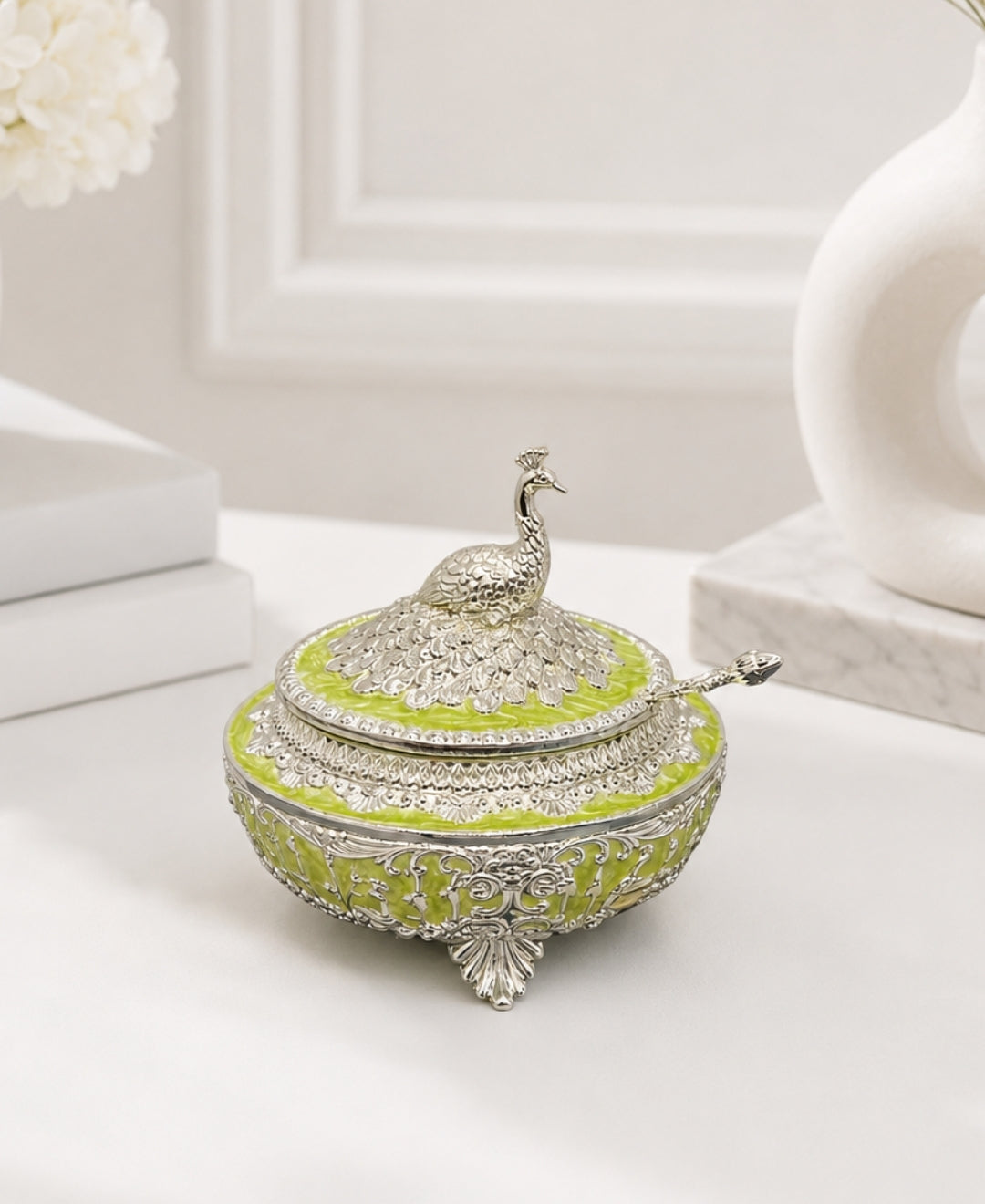 German Silver Bagh-e-Mayur Bowl with Lid & Spoon – Mint Green Enamel