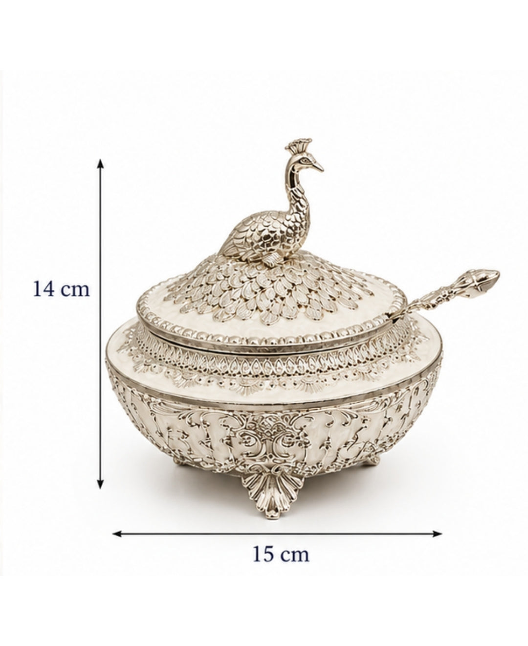 German Silver Bagh-e-Mayur Bowl with Lid & Spoon – Pearl White Enamel