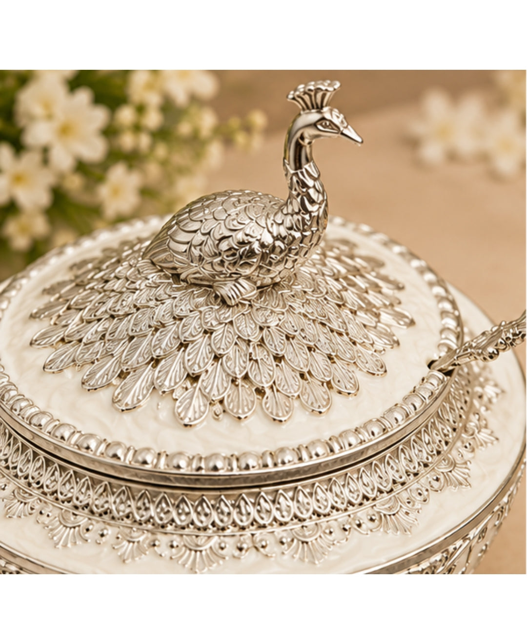 German Silver Bagh-e-Mayur Bowl with Lid & Spoon – Pearl White Enamel