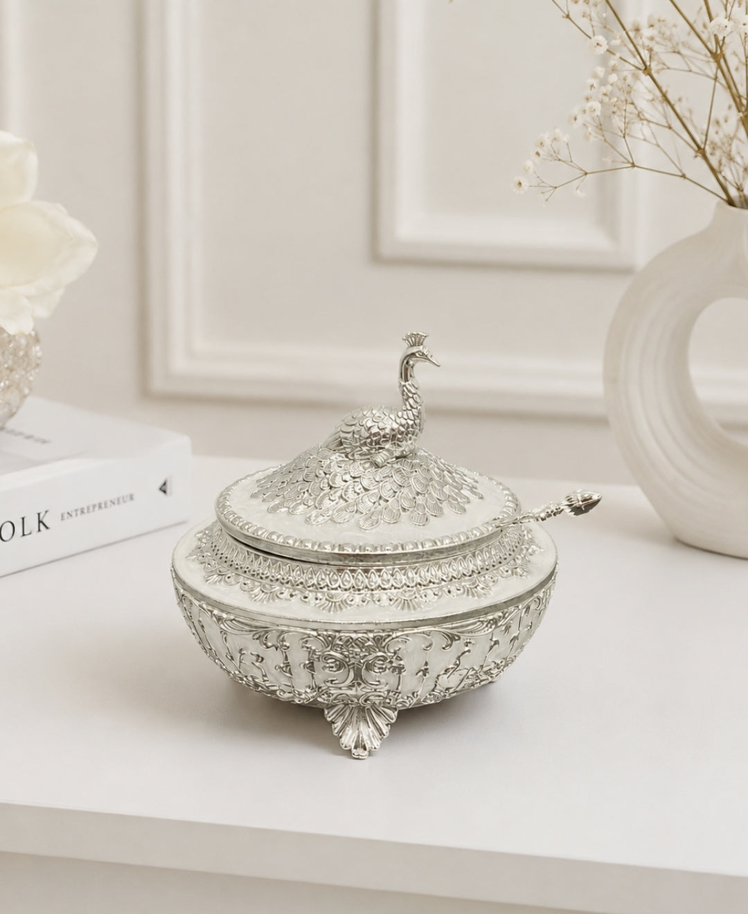 German Silver Bagh-e-Mayur Bowl with Lid & Spoon – Pearl White Enamel