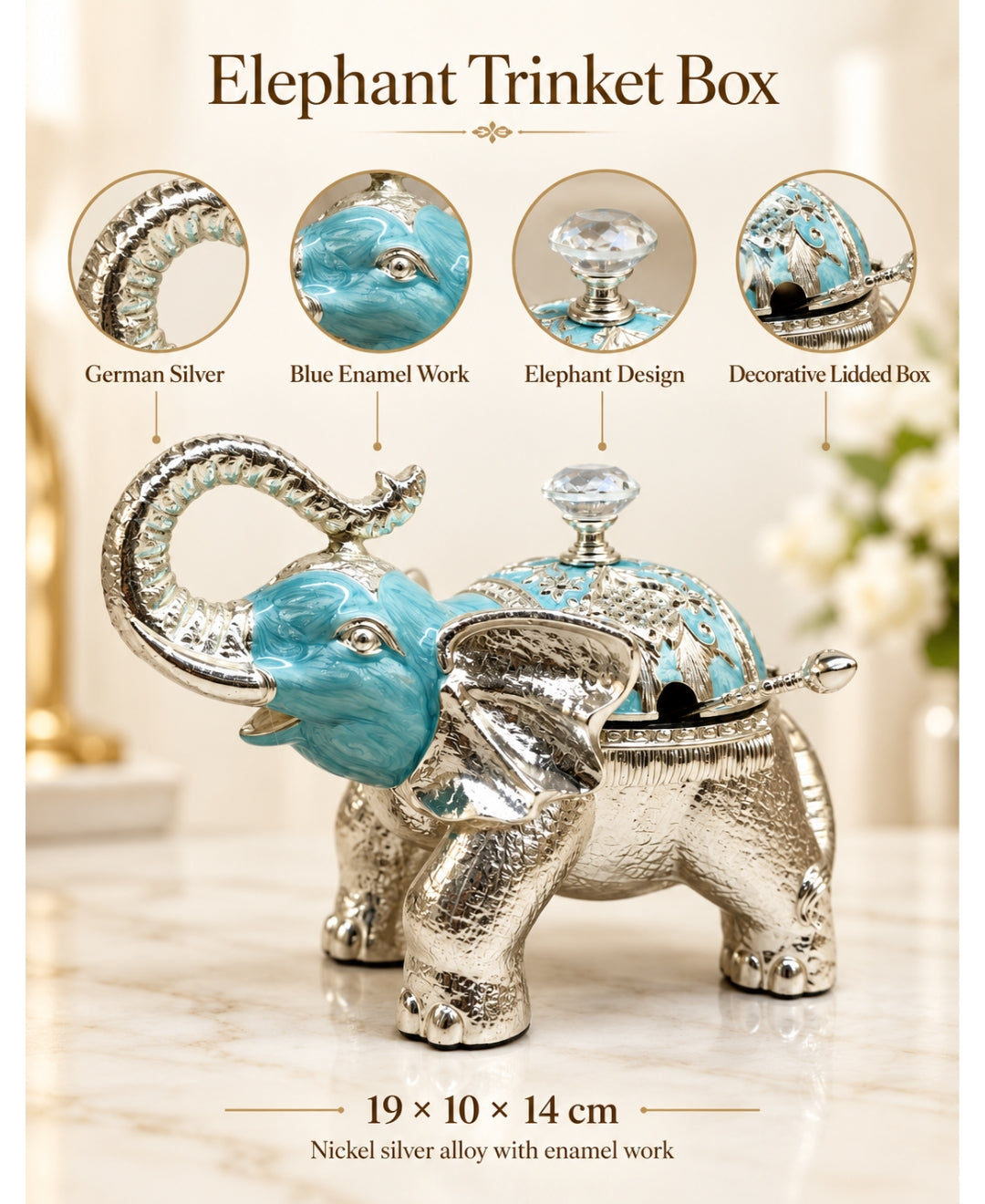 German Silver Elephant Trinket Box – Sky Blue Enamel