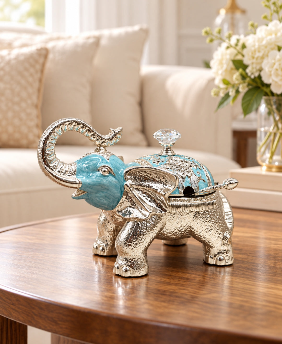 German Silver Elephant Trinket Box – Sky Blue Enamel