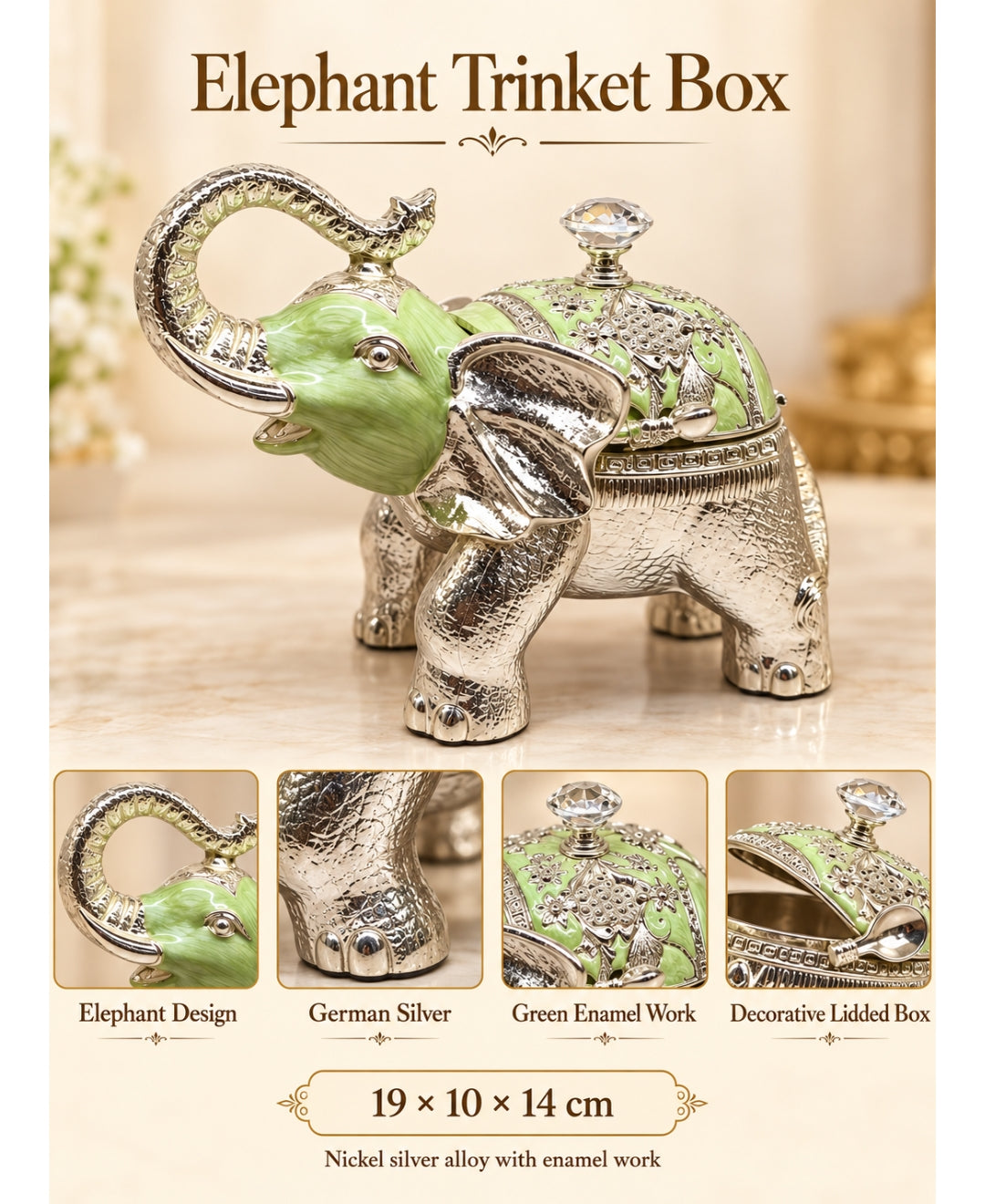 German Silver Elephant Trinket Box - Mint Green Enamel