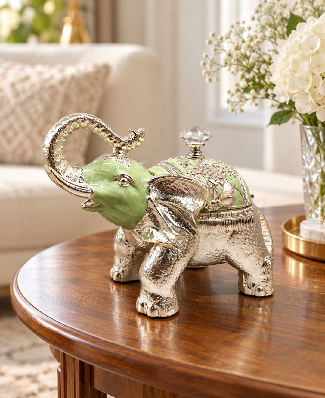 German Silver Elephant Trinket Box - Mint Green Enamel