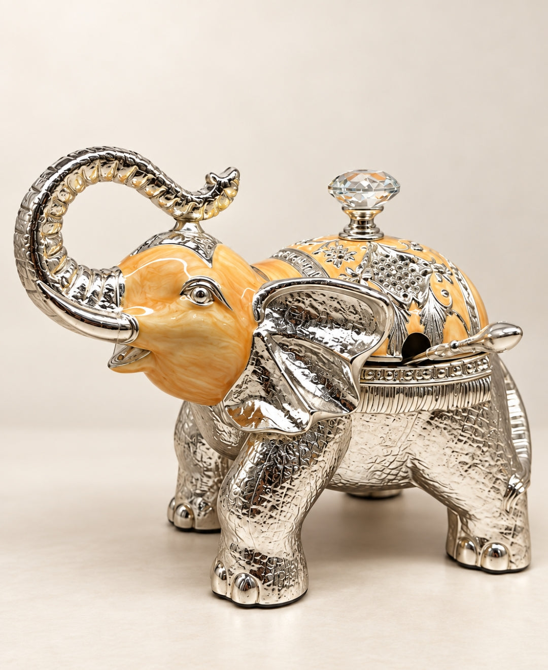 German Silver Elephant Trinket Box - Saffron Orange Enamel