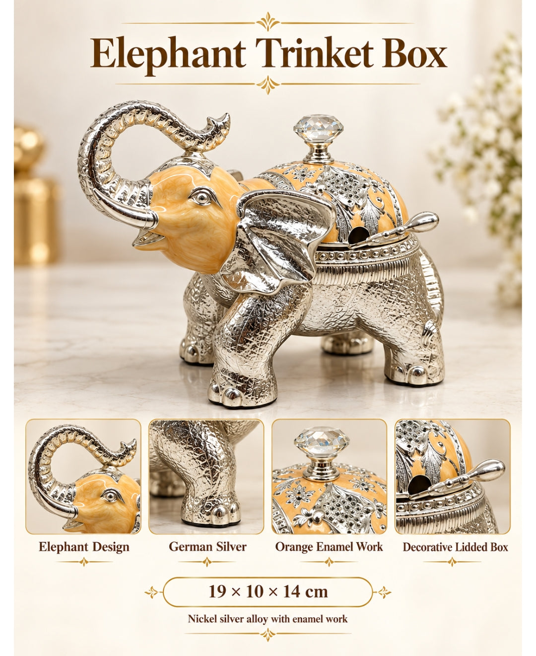 German Silver Elephant Trinket Box - Saffron Orange Enamel