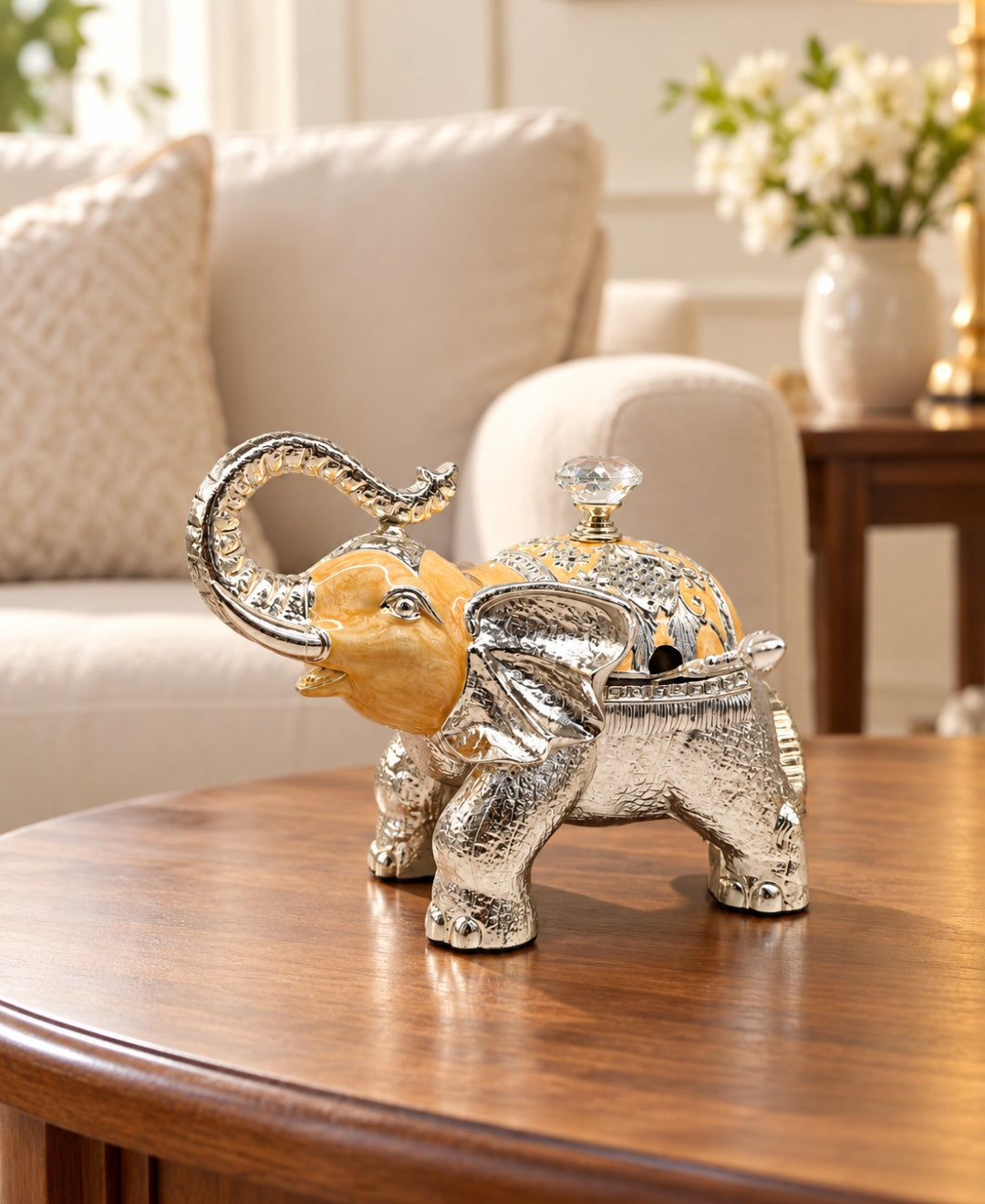 German Silver Elephant Trinket Box - Saffron Orange Enamel