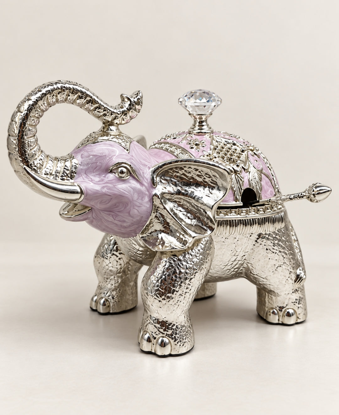 German Silver Elephant Trinket Box - Lilac Pink Enamel