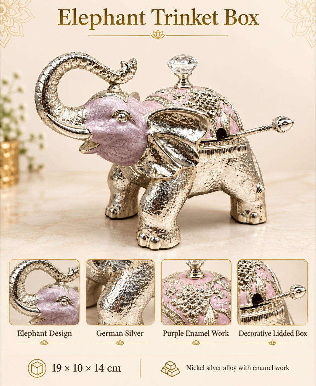 German Silver Elephant Trinket Box - Lilac Pink Enamel