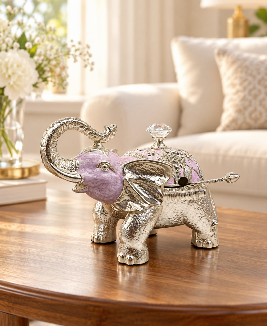 German Silver Elephant Trinket Box - Lilac Pink Enamel