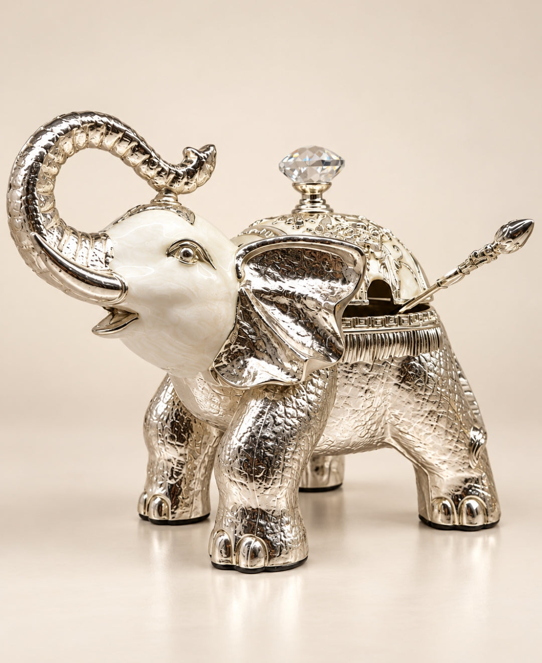 German Silver Elephant Trinket Box - Pearl White Enamel
