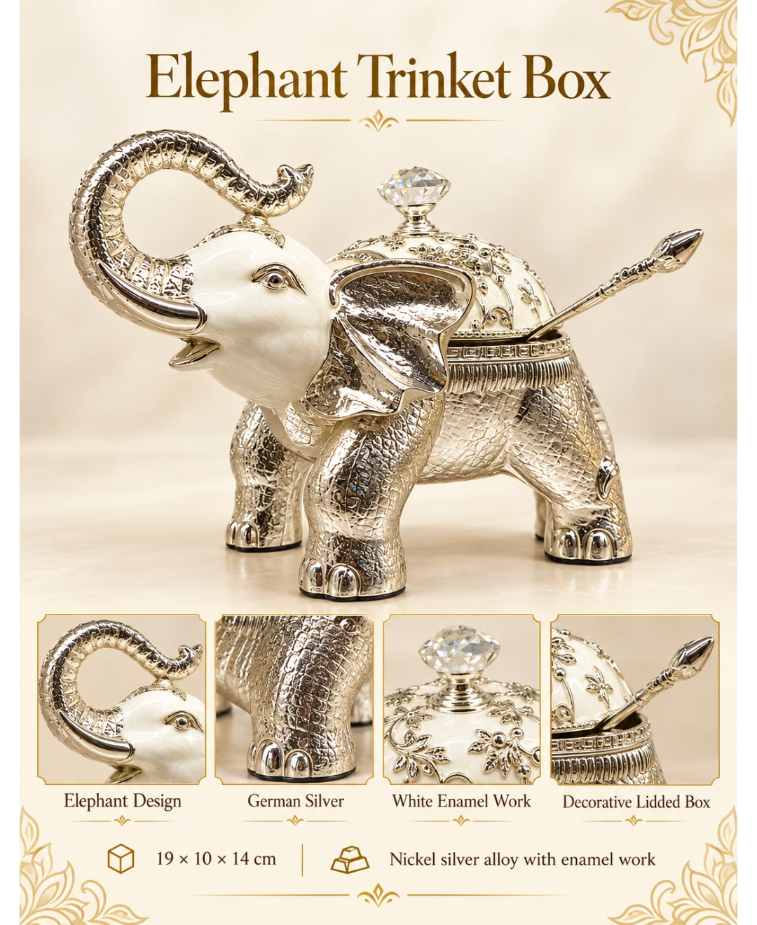 German Silver Elephant Trinket Box - Pearl White Enamel