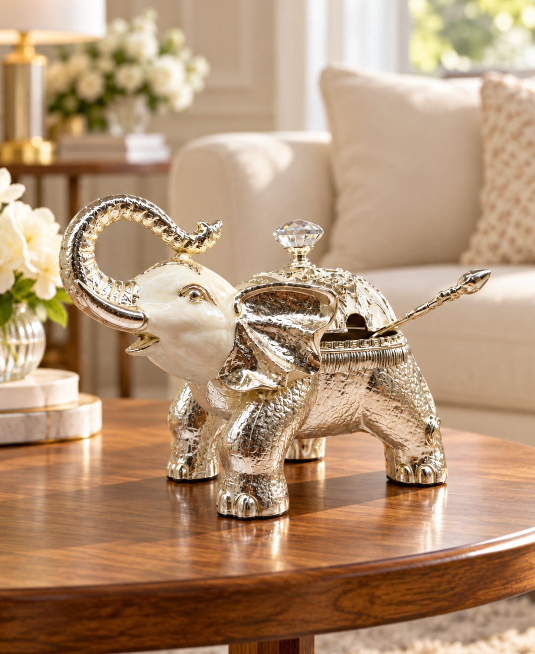 German Silver Elephant Trinket Box - Pearl White Enamel