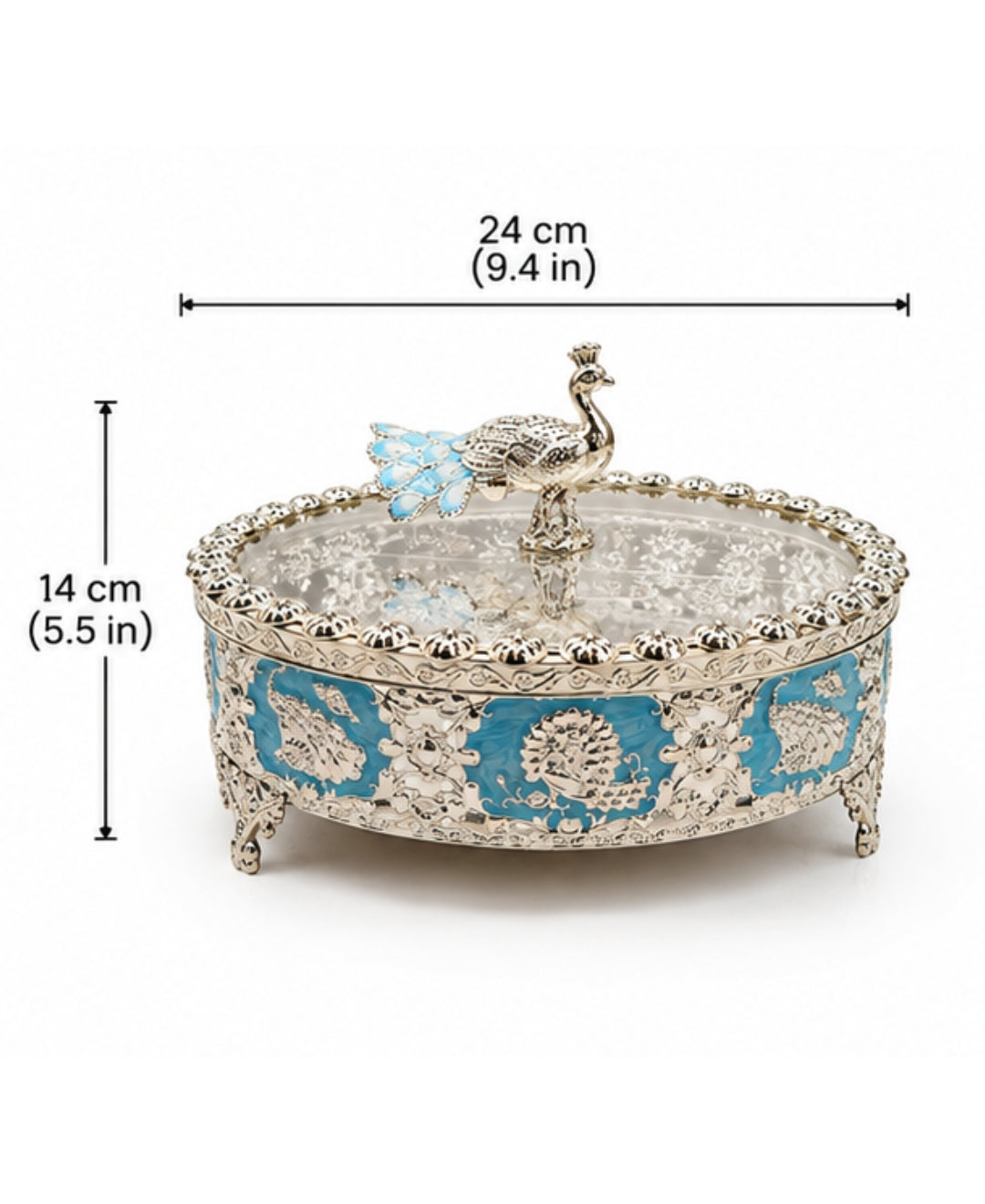German Silver Peacock Dry Fruit Box - Sky Blue Enamel