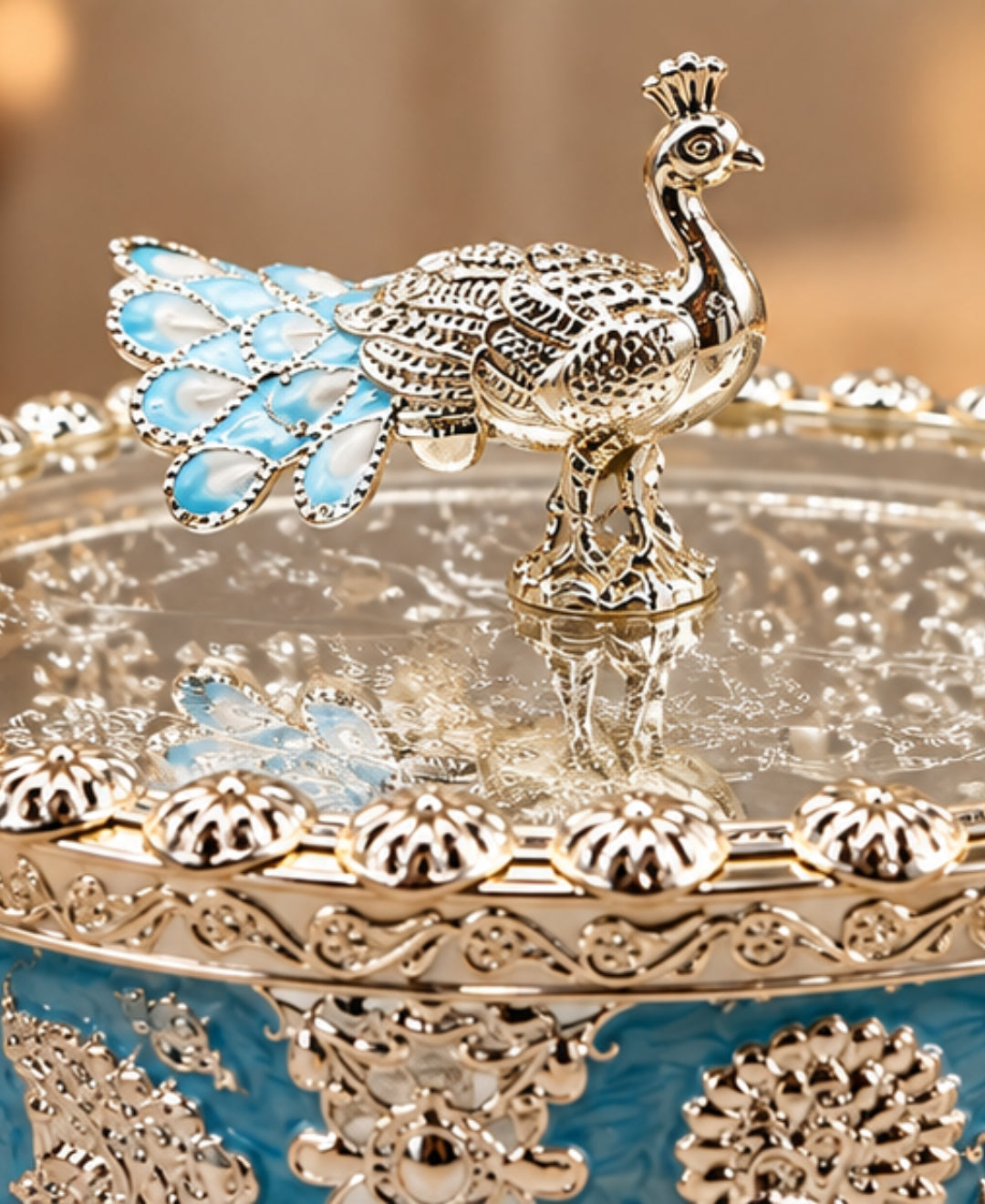 German Silver Peacock Dry Fruit Box - Sky Blue Enamel