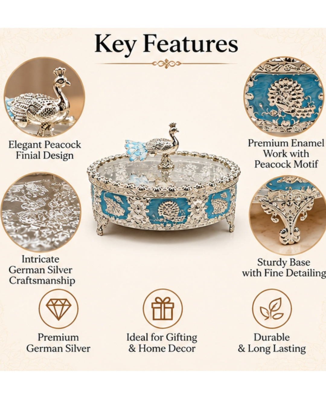 German Silver Peacock Dry Fruit Box - Sky Blue Enamel