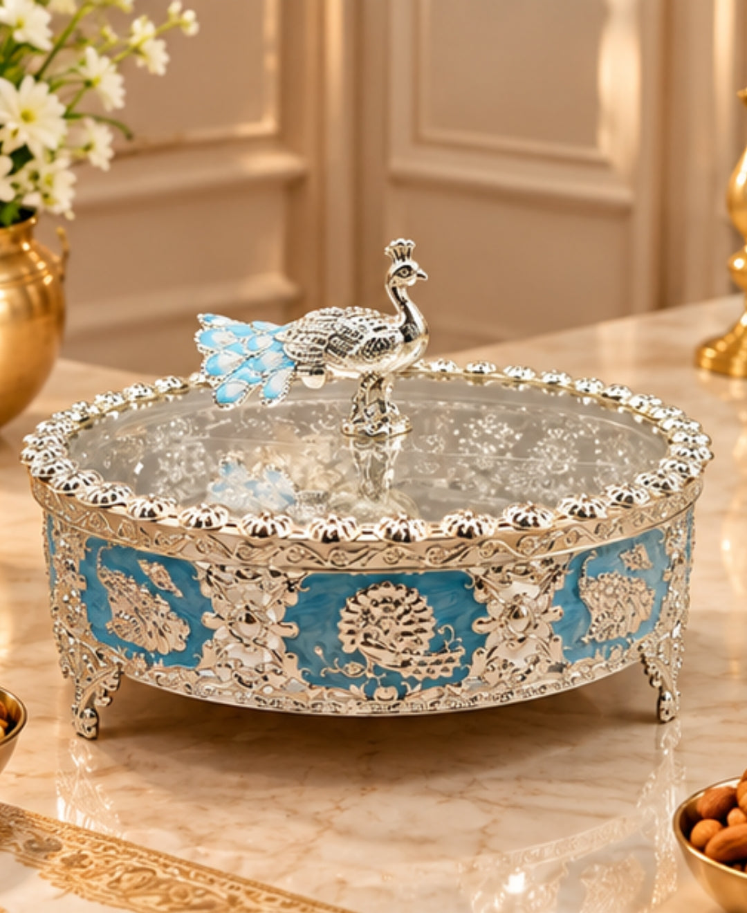 German Silver Peacock Dry Fruit Box - Sky Blue Enamel